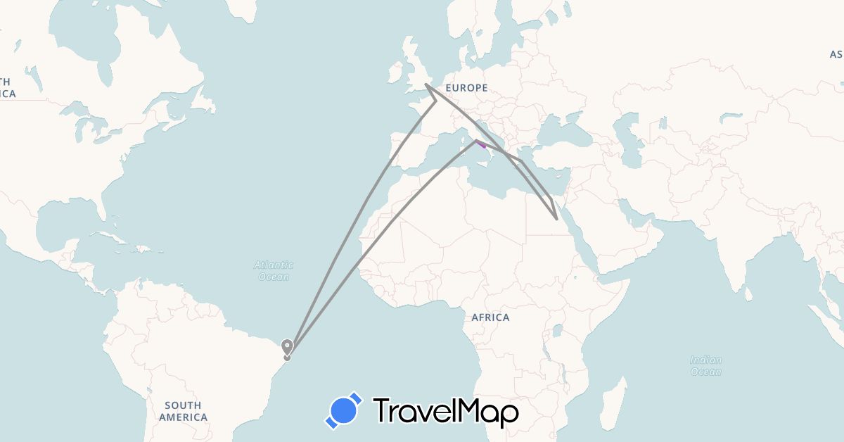 TravelMap itinerary: driving, plane, train in Brazil, Egypt, France, United Kingdom, Greece, Italy (Africa, Europe, South America)